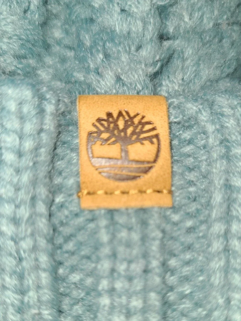 Timberland Teal Cable-Knit cuff Beanie with Faux Fur Pom fleece lined Hat